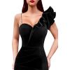 imageVFSHOW Womens Ruffle One Shoulder Strap Ruched Formal Prom Wedding Maxi Dress V Neck Elegant Split Cocktail Evening Long GownBlack Velvet
