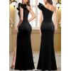 imageVFSHOW Womens Ruffle One Shoulder Strap Ruched Formal Prom Wedding Maxi Dress V Neck Elegant Split Cocktail Evening Long GownBlack Velvet