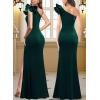 imageVFSHOW Womens Ruffle One Shoulder Strap Ruched Formal Prom Wedding Maxi Dress V Neck Elegant Split Cocktail Evening Long GownDark Green Velvet