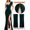 imageVFSHOW Womens Ruffle One Shoulder Strap Ruched Formal Prom Wedding Maxi Dress V Neck Elegant Split Cocktail Evening Long GownDark Green Velvet