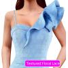 imageVFSHOW Womens Ruffle One Shoulder Strap Ruched Formal Prom Wedding Maxi Dress V Neck Elegant Split Cocktail Evening Long GownLight Blue Lace Embroidery