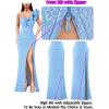 imageVFSHOW Womens Ruffle One Shoulder Strap Ruched Formal Prom Wedding Maxi Dress V Neck Elegant Split Cocktail Evening Long GownLight Blue Lace Embroidery
