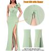 imageVFSHOW Womens Ruffle One Shoulder Strap Ruched Formal Prom Wedding Maxi Dress V Neck Elegant Split Cocktail Evening Long GownLight Green