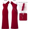 imageVFSHOW Womens Ruffle One Shoulder Strap Ruched Formal Prom Wedding Maxi Dress V Neck Elegant Split Cocktail Evening Long GownSolid Red