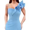 imageVFSHOW Womens Ruffle One Shoulder Strap Ruched Formal Prom Wedding Maxi Dress V Neck Elegant Split Cocktail Evening Long GownSolid Sky Blue