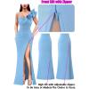 imageVFSHOW Womens Ruffle One Shoulder Strap Ruched Formal Prom Wedding Maxi Dress V Neck Elegant Split Cocktail Evening Long GownSolid Sky Blue