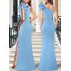 imageVFSHOW Womens Ruffle One Shoulder Strap Ruched Formal Prom Wedding Maxi Dress V Neck Elegant Split Cocktail Evening Long GownSolid Sky Blue