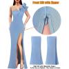 imageVFSHOW Womens Ruffle One Shoulder Strap Ruched Formal Prom Wedding Maxi Dress V Neck Elegant Split Cocktail Evening Long GownSparkly Light Blue