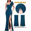 imageVFSHOW Womens Ruffle One Shoulder Strap Ruched Formal Prom Wedding Maxi Dress V Neck Elegant Split Cocktail Evening Long GownSparkly Peacock Blue