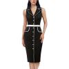 imageVFSHOW Womens Professional Work Business Casual Office Belted Elegant Lapel V Neck Buttons Fitted Pencil Sheath DressBlack and White Piping