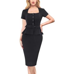 imageVFSHOW Womens 2024 Business Work Office Square Neck Belted Peplum Buttons Slim Bodycon Sheath DressBlackb