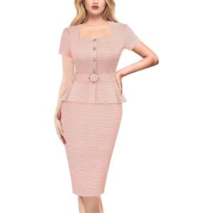 imageVFSHOW Womens 2024 Business Work Office Square Neck Belted Peplum Buttons Slim Bodycon Sheath DressPink Tweed