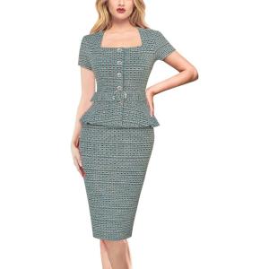 imageVFSHOW Womens 2024 Business Work Office Square Neck Belted Peplum Buttons Slim Bodycon Sheath DressTeal Green Plaid Tweed