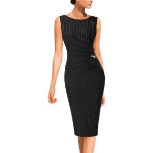 imageVFSHOW Womens Elegant Ruched Work Business Office Cocktail Party Sheath DressBlack Pinstriped Print