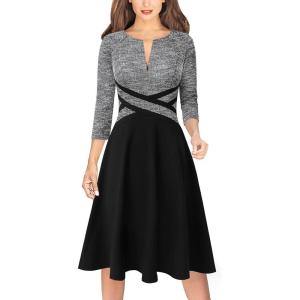imageVFSHOW Womens Patchwork Colorblock Work Business Office Elegant Zipper up Slim ALine Skater DressBlack Tweed and Black