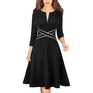 imageVFSHOW Womens Patchwork Colorblock Work Business Office Elegant Zipper up Slim ALine Skater DressBlack With White Piping