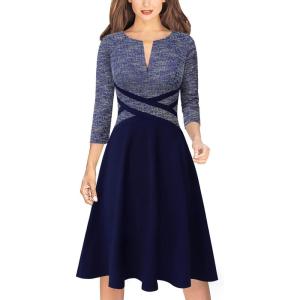 imageVFSHOW Womens Patchwork Colorblock Work Business Office Elegant Zipper up Slim ALine Skater DressBlue Tweed and Navy