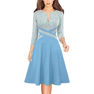 imageVFSHOW Womens Patchwork Colorblock Work Business Office Elegant Zipper up Slim ALine Skater DressBlueoff White Tweed and Light Blue