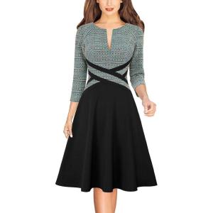 imageVFSHOW Womens Patchwork Colorblock Work Business Office Elegant Zipper up Slim ALine Skater DressGreen Tweed  Black