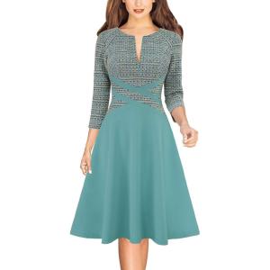 imageVFSHOW Womens Patchwork Colorblock Work Business Office Elegant Zipper up Slim ALine Skater DressGreen Tweed  Green