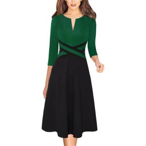 imageVFSHOW Womens Patchwork Colorblock Work Business Office Elegant Zipper up Slim ALine Skater DressGreen and Black