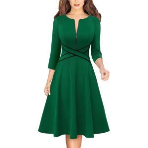 imageVFSHOW Womens Patchwork Colorblock Work Business Office Elegant Zipper up Slim ALine Skater DressGreenblack Piping