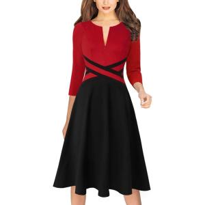 imageVFSHOW Womens Patchwork Colorblock Work Business Office Elegant Zipper up Slim ALine Skater DressRed and Black