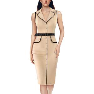 imageVFSHOW Womens Professional Work Business Casual Office Belted Elegant Lapel V Neck Buttons Fitted Pencil Sheath DressBeige and Black Piping