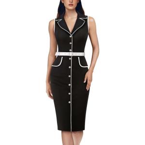 imageVFSHOW Womens Professional Work Business Casual Office Belted Elegant Lapel V Neck Buttons Fitted Pencil Sheath DressBlack and White Piping