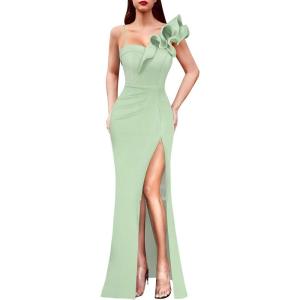 imageVFSHOW Womens Ruffle One Shoulder Strap Ruched Formal Prom Wedding Maxi Dress V Neck Elegant Split Cocktail Evening Long GownLight Green