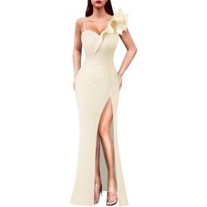 imageVFSHOW Womens Ruffle One Shoulder Strap Ruched Formal Prom Wedding Maxi Dress V Neck Elegant Split Cocktail Evening Long GownOff Whiteapricot Textured Knit