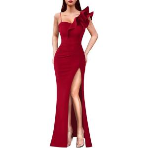 imageVFSHOW Womens Ruffle One Shoulder Strap Ruched Formal Prom Wedding Maxi Dress V Neck Elegant Split Cocktail Evening Long GownSolid Red