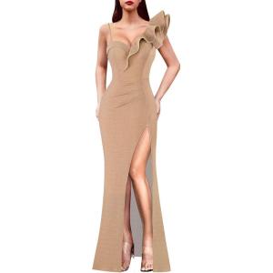 imageVFSHOW Womens Ruffle One Shoulder Strap Ruched Formal Prom Wedding Maxi Dress V Neck Elegant Split Cocktail Evening Long GownSparkly Champagne
