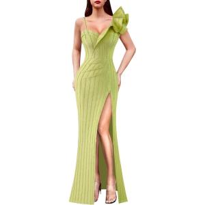 imageVFSHOW Womens Ruffle One Shoulder Strap Ruched Formal Prom Wedding Maxi Dress V Neck Elegant Split Cocktail Evening Long GownYellowgreen