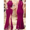 imageVFSHOW Womens Formal Sexy Halter High Slit Prom Wedding Guest Maxi Dress 2023 Illusion Sweetheart Neckline Evening Long GownFuchsia Lace