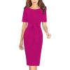 imageVFSHOW Womens Front Zipper Tie Waist Bow Belted Slim Wear to Work Business Office Bodycon Pencil DressHot Pink