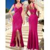 imageVFSHOW Womens Glitter Sweetheart V Neck Twist Front Backless Ruched Ruffle Slit Formal Evening Gown Maxi DressSparkly Hot Pinkb
