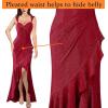 imageVFSHOW Womens Glitter Sweetheart V Neck Twist Front Backless Ruched Ruffle Slit Formal Evening Gown Maxi DressSparkly Redb