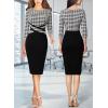 imageVFSHOW Womens Wear to Work Slim Colorblock Crisscross Waist Front Zipper Business Party Office Bodycon Pencil Sheath DressBlack White Tweed  Black