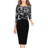 imageVFSHOW Womens Wear to Work Slim Colorblock Crisscross Waist Front Zipper Business Party Office Bodycon Pencil Sheath DressBlack and White Geometric Printblack