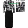 imageVFSHOW Womens Wear to Work Slim Colorblock Crisscross Waist Front Zipper Business Party Office Bodycon Pencil Sheath DressBlack and White Geometric Printblack