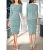imageVFSHOW Womens Wear to Work Slim Colorblock Crisscross Waist Front Zipper Business Party Office Bodycon Pencil Sheath DressTeal Green Tweedwhite Piping