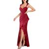 imageVFSHOW Womens Glitter Sweetheart V Neck Twist Front Backless Ruched Ruffle Slit Formal Evening Gown Maxi DressSparkly Redb