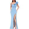 imageVFSHOW Womens Ruffle One Shoulder Strap Ruched Formal Prom Wedding Maxi Dress V Neck Elegant Split Cocktail Evening Long GownSolid Light Blue