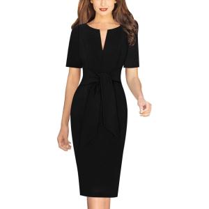 imageVFSHOW Womens Front Zipper Tie Waist Bow Belted Slim Wear to Work Business Office Bodycon Pencil DressBlack