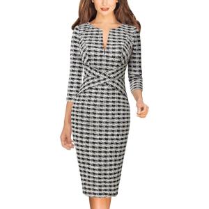 imageVFSHOW Womens Slim Zipper Up Work Business Office Party Bodycon Pencil Sheath DressBlack White Tweed