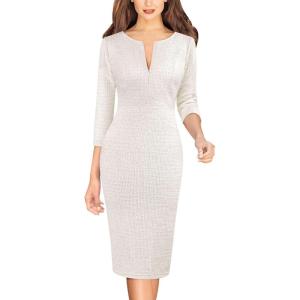 imageVFSHOW Womens Slim Zipper Up Work Business Office Party Bodycon Pencil Sheath DressOffwhite Tweed