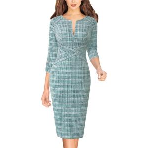 imageVFSHOW Womens Slim Zipper Up Work Business Office Party Bodycon Pencil Sheath DressTeal Green Tweed