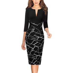 imageVFSHOW Womens Wear to Work Slim Colorblock Crisscross Waist Front Zipper Business Party Office Bodycon Pencil Sheath DressBlackblack and White Geometric