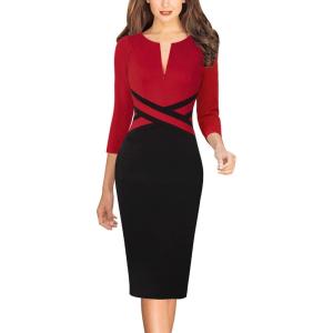 imageVFSHOW Womens Wear to Work Slim Colorblock Crisscross Waist Front Zipper Business Party Office Bodycon Pencil Sheath DressRedblack